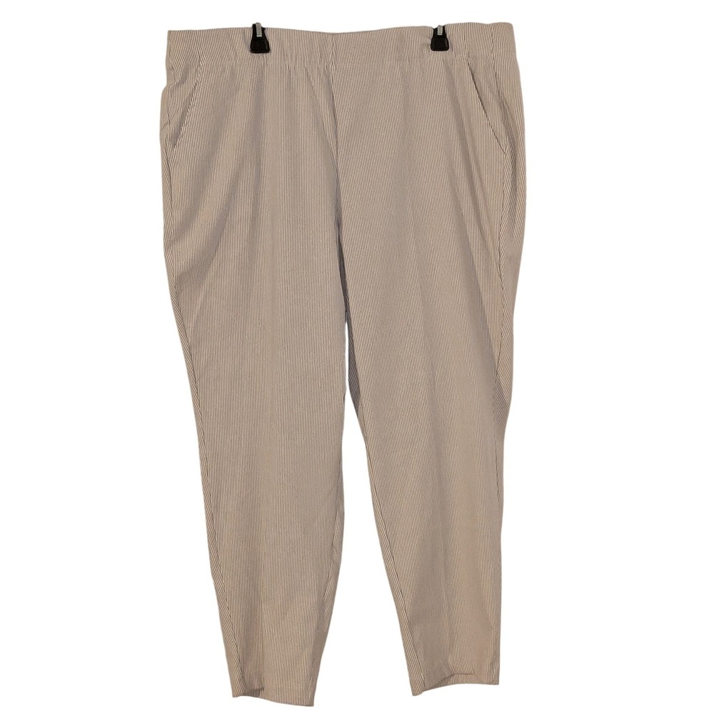 Max Studio Women 3X Pull On Trouser Tan White Stripe High Rise‎ Slim Leg NEW